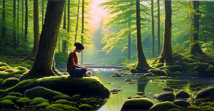A tranquil forest with sunlight filtering through trees, a person meditating on a rock beside a gentle stream.