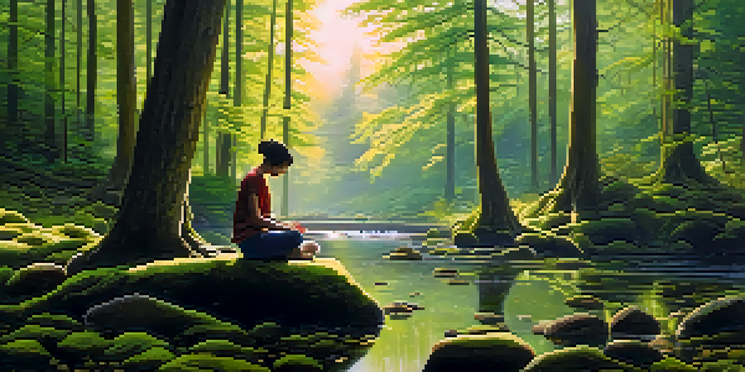 A tranquil forest with sunlight filtering through trees, a person meditating on a rock beside a gentle stream.