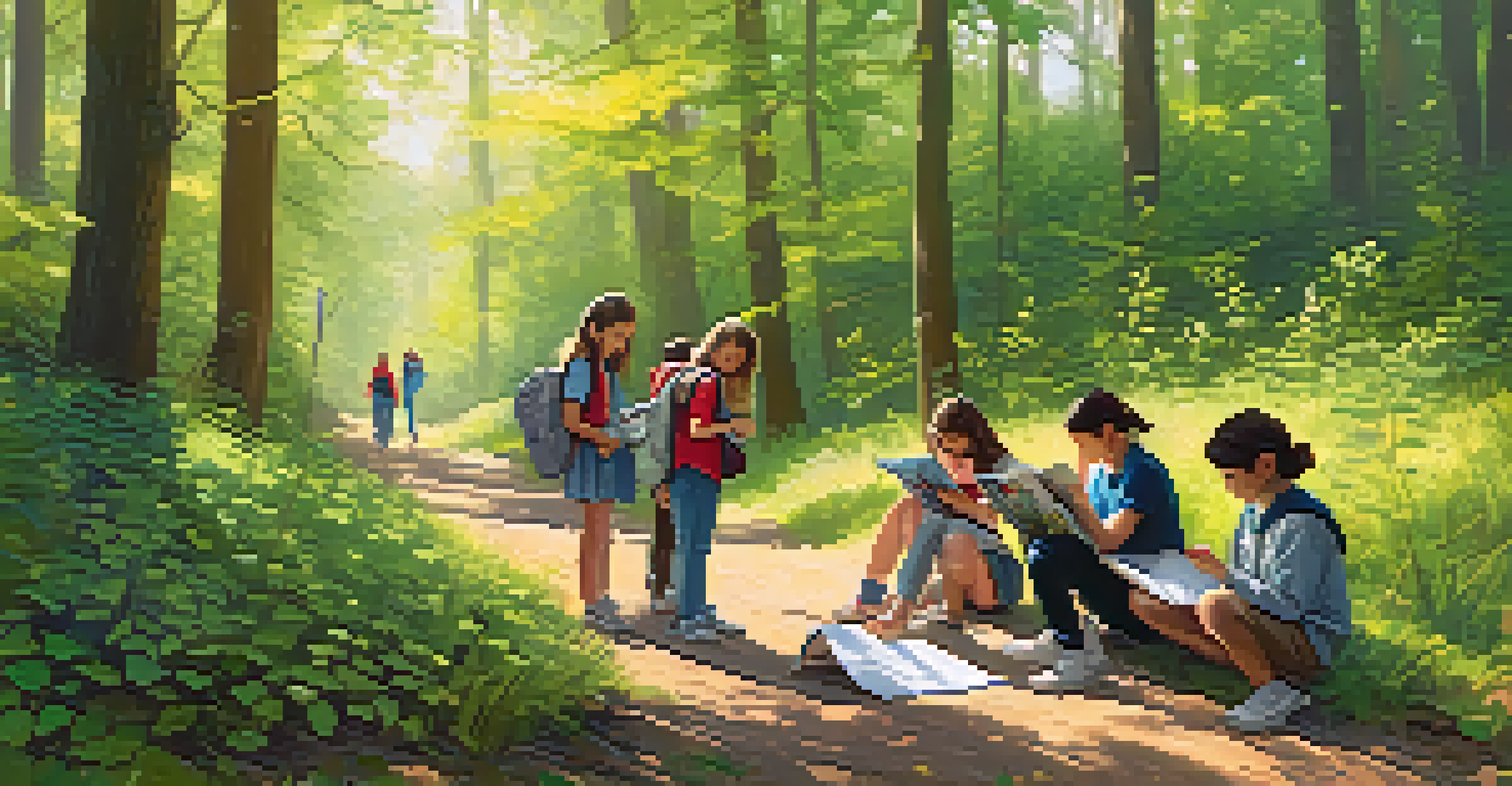A group of students exploring nature, observing plants and animals, and engaging in creative activities like sketching and photography.