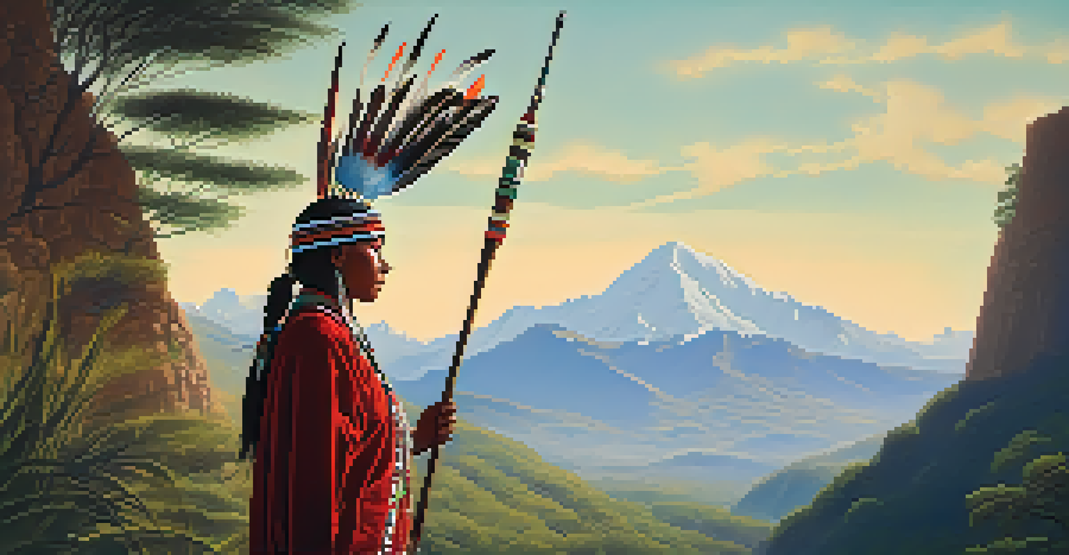 An indigenous person in traditional attire standing in front of mountains, holding a staff, showcasing a connection to nature.