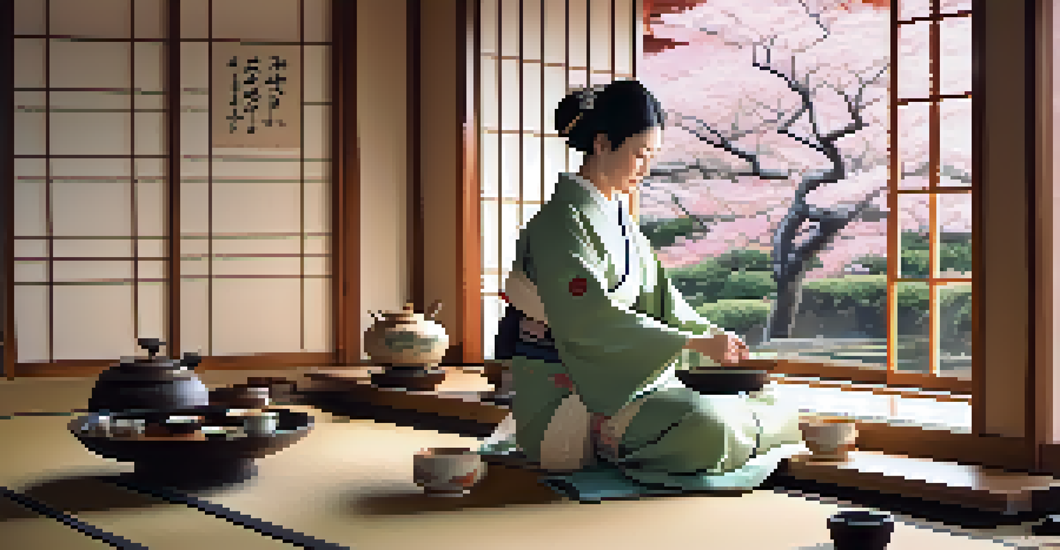 A Japanese tea ceremony with a tea master preparing tea in a serene room surrounded by cherry blossoms and traditional utensils.