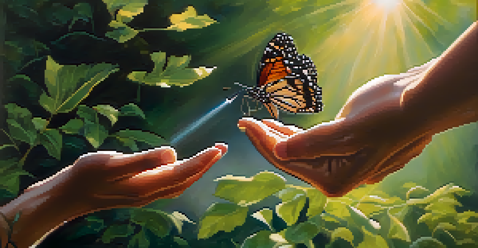 Two hands releasing a butterfly into the sunlight, representing forgiveness and hope.