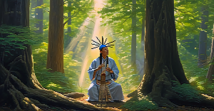 A shaman in traditional attire playing a wooden flute in a serene forest, with soft sunlight filtering through the trees and glowing musical notes in the air.