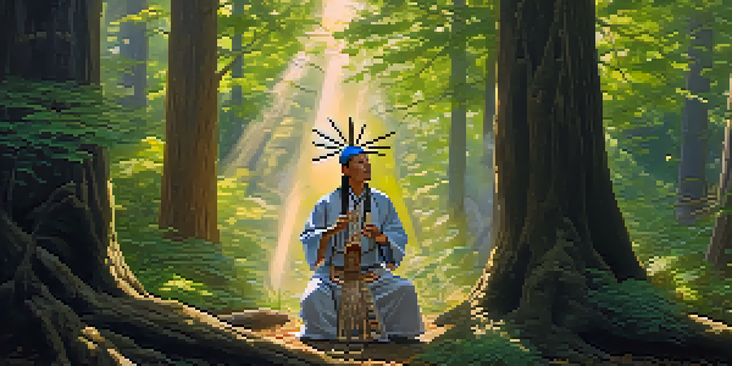 A shaman in traditional attire playing a wooden flute in a serene forest, with soft sunlight filtering through the trees and glowing musical notes in the air.
