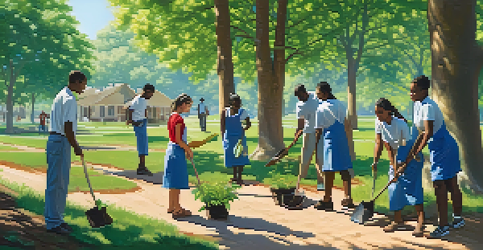 A diverse group of people planting trees in a sunny park, showcasing teamwork and joy.