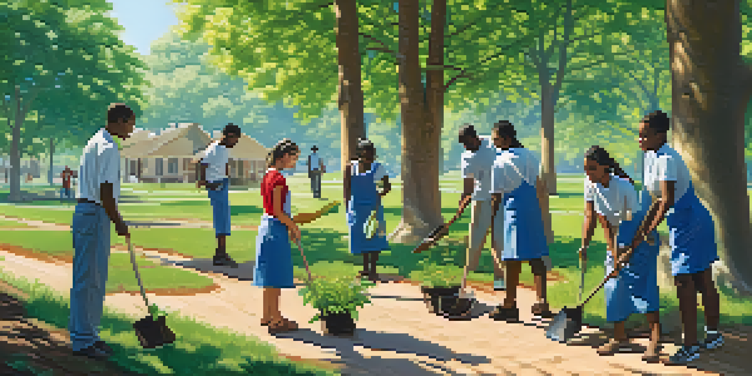 A diverse group of people planting trees in a sunny park, showcasing teamwork and joy.