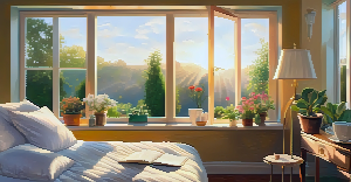 A cozy bedroom with a person writing in a gratitude journal, surrounded by warm sunlight and a cup of tea.