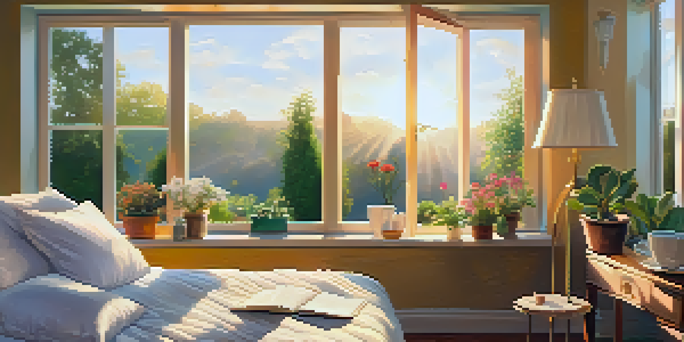 A cozy bedroom with a person writing in a gratitude journal, surrounded by warm sunlight and a cup of tea.