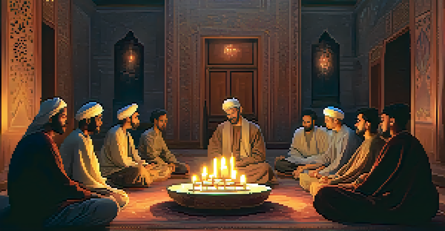 A group of diverse individuals gathered in a circle for a dhikr session, surrounded by warm candlelight and decorative patterns.