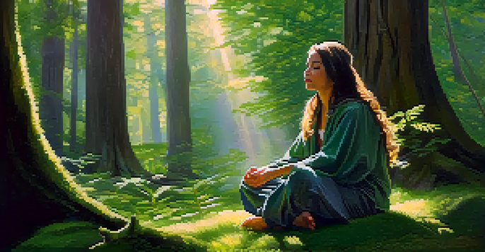 A person meditating in a sunlit forest, surrounded by tall trees and soft moss, creating a peaceful atmosphere.