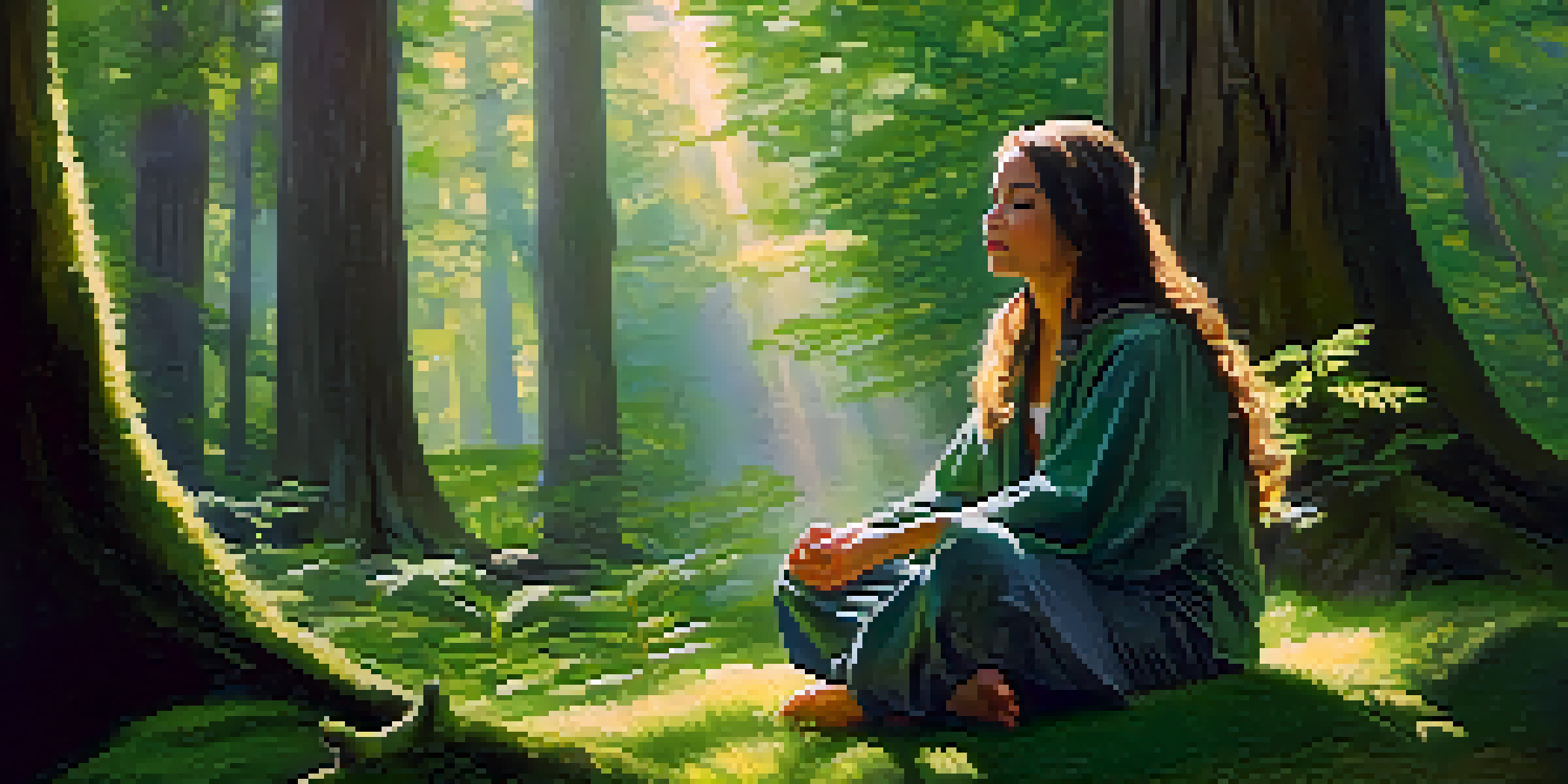 A person meditating in a sunlit forest, surrounded by tall trees and soft moss, creating a peaceful atmosphere.