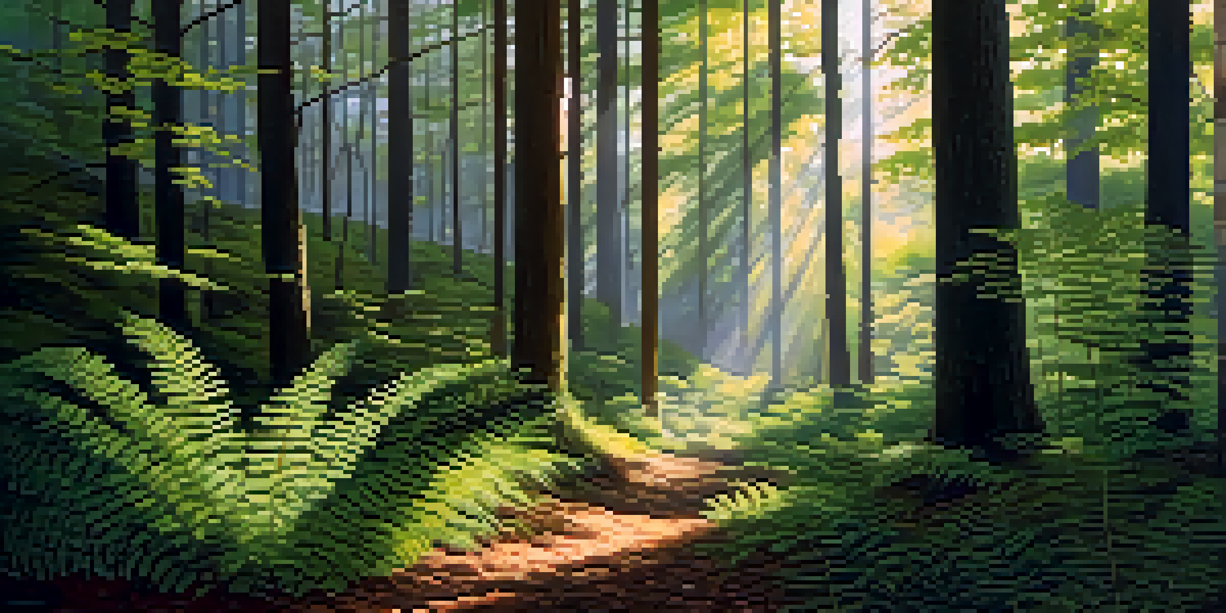 A peaceful forest clearing with sunlight filtering through the trees, creating a tranquil atmosphere.