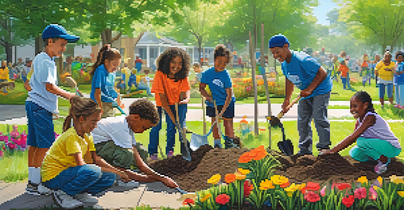 Volunteers of all ages participating in a community service project, planting trees in a neighborhood park surrounded by blooming flowers and greenery.