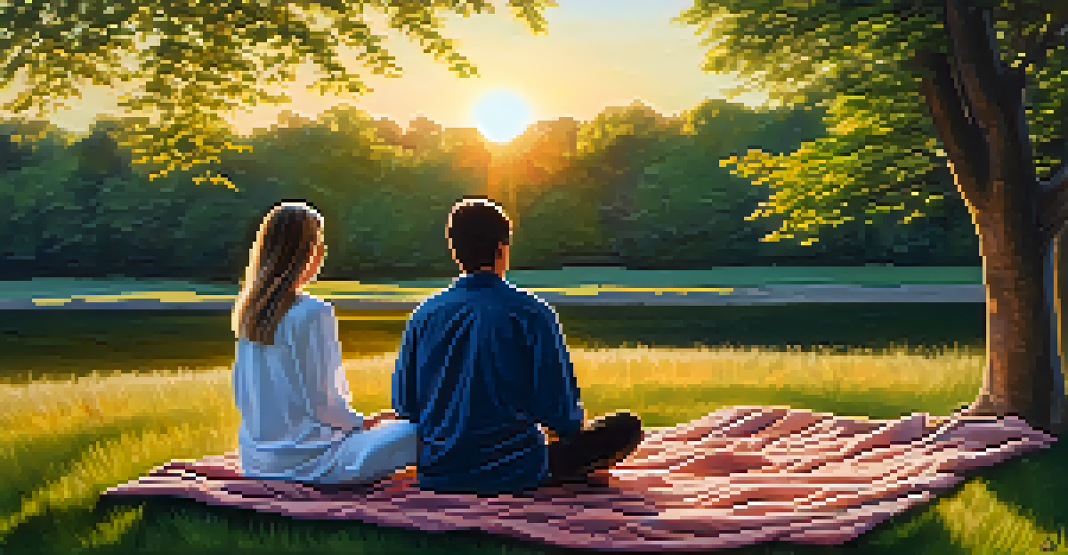 A couple meditating together on a blanket in a park during sunset, surrounded by trees and a peaceful atmosphere.