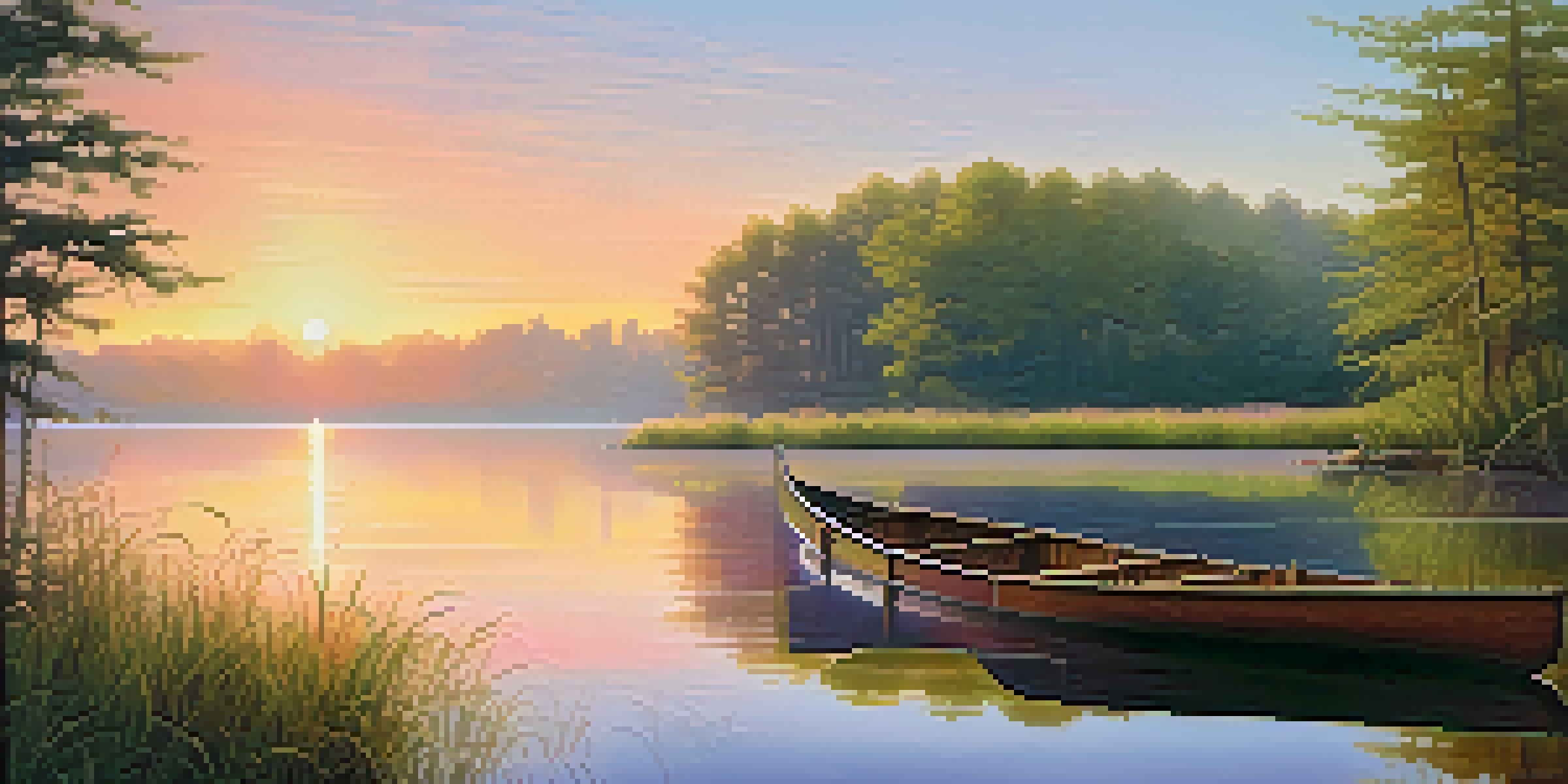 A peaceful sunrise over a calm lake with a wooden canoe tied to a dock, surrounded by greenery.