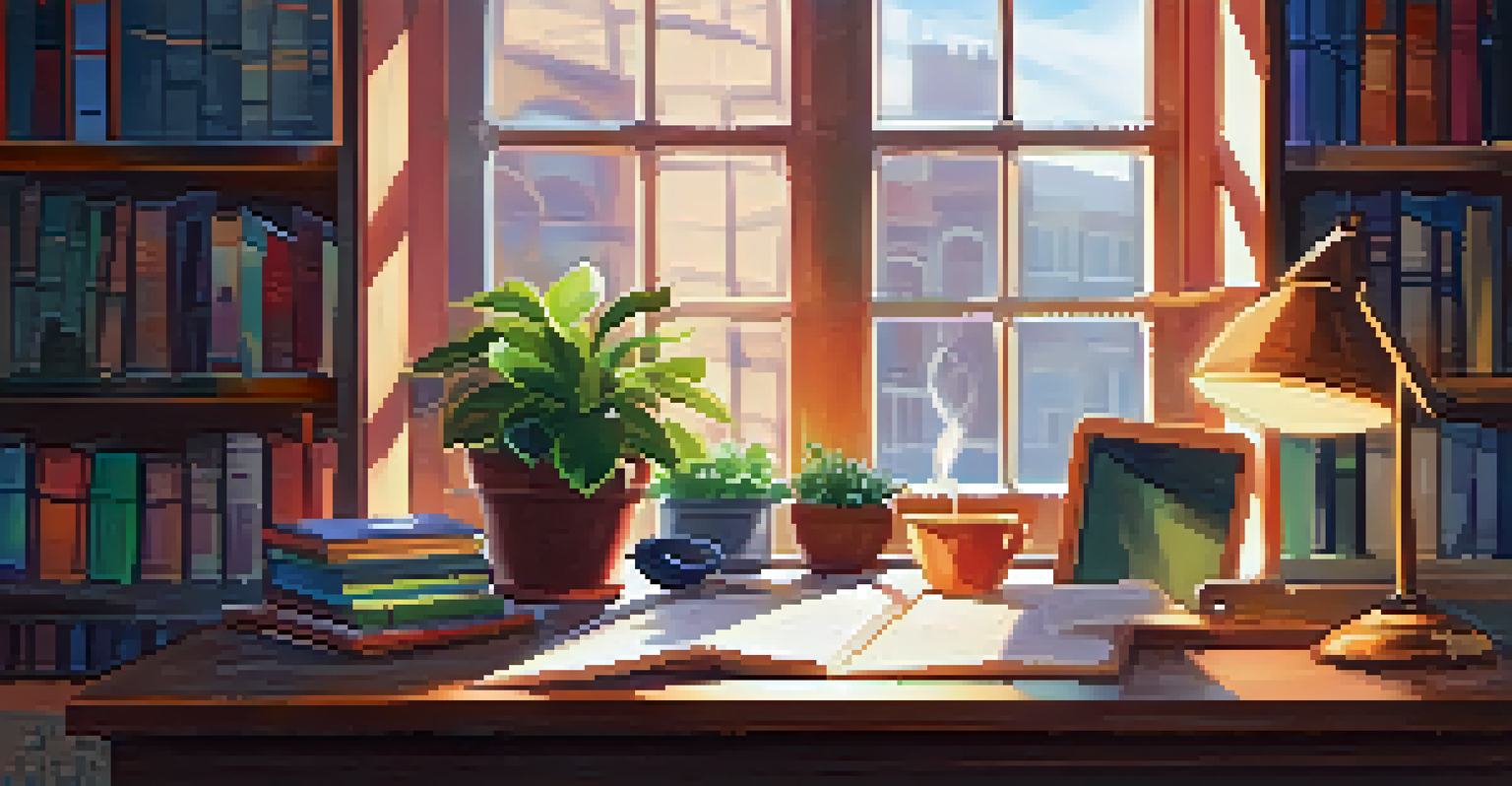 A cozy workspace with a desk by a window, featuring a journal, a cup of tea, and sunlight streaming in.