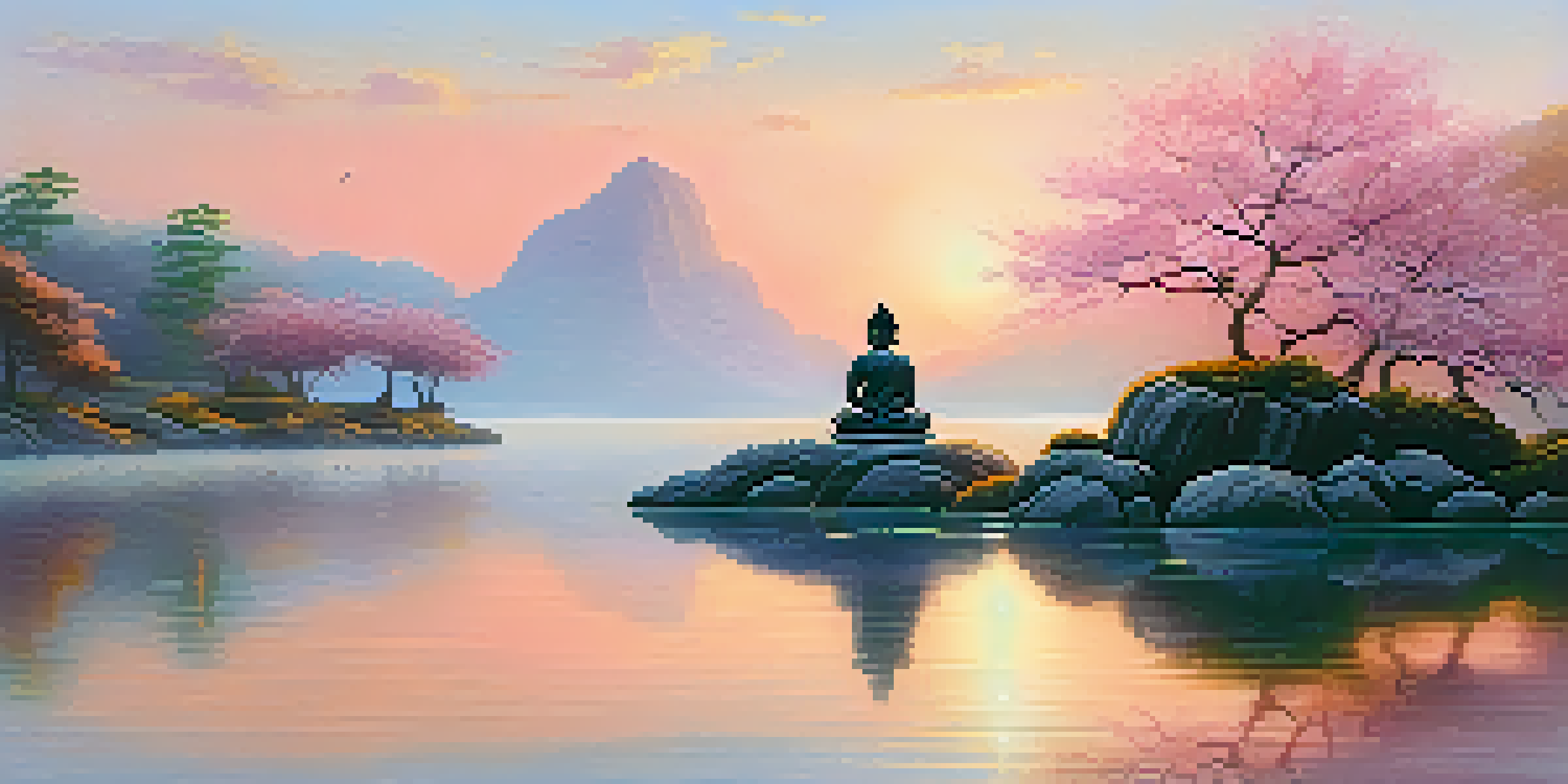 A peaceful scene of a person meditating on a rock by a calm lake at sunrise, surrounded by cherry blossom trees and lush greenery.
