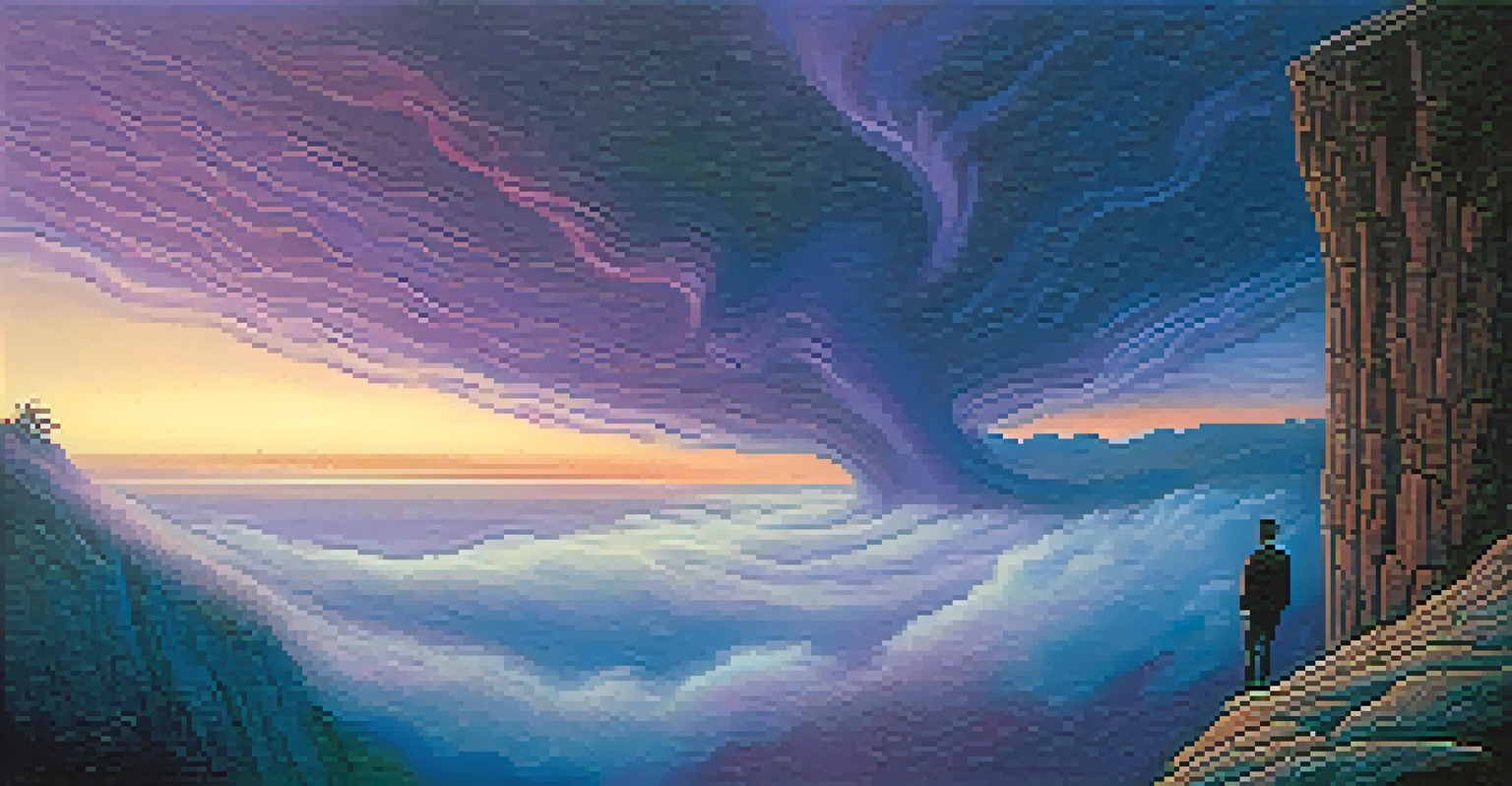 A figure standing on a cliff, looking into a swirling mist at twilight, symbolizing confrontation with nightmares.