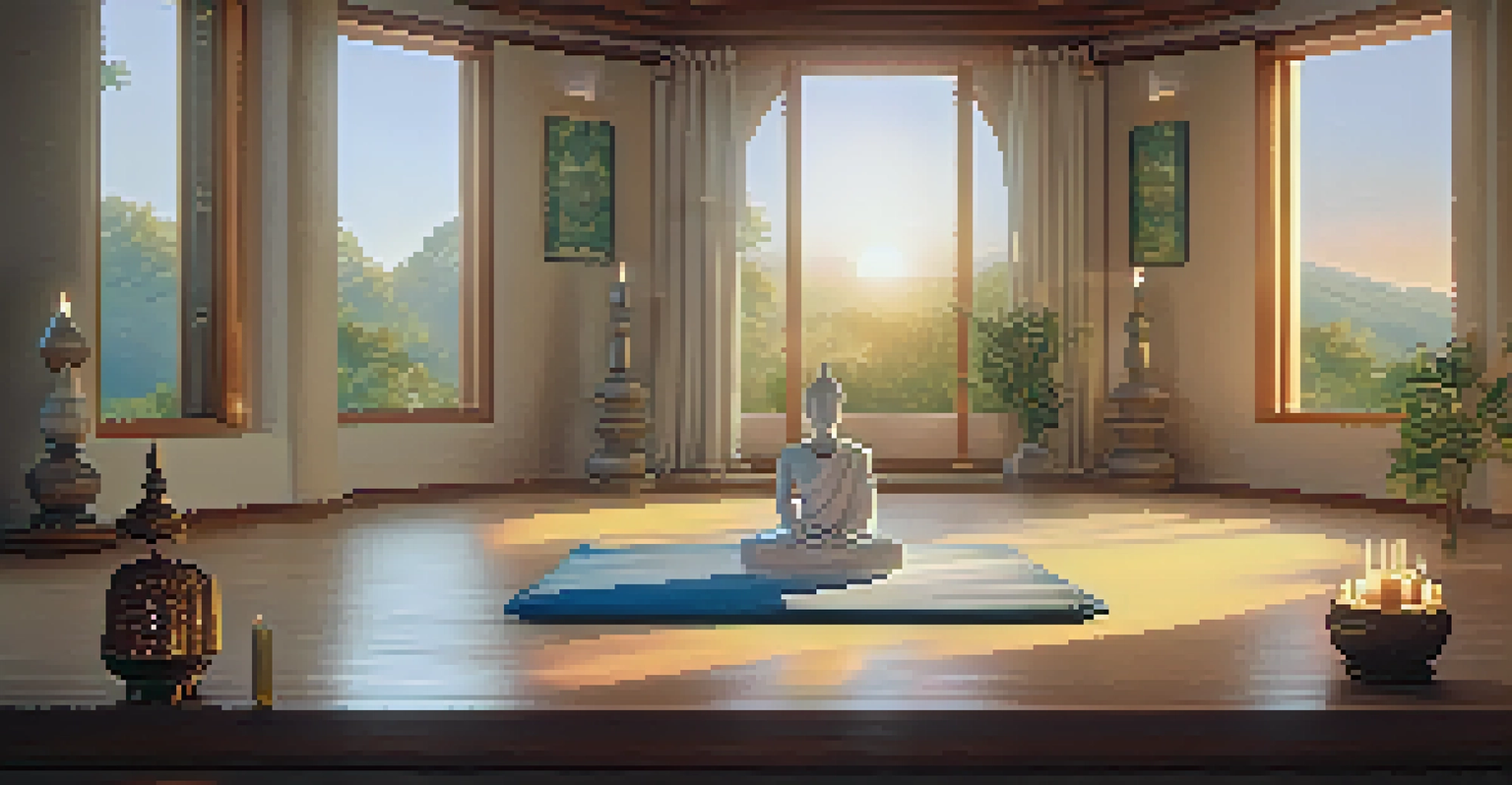 A meditation setup with a soft mat, crystals, candles, and nature images in a softly lit room, providing a calming atmosphere.