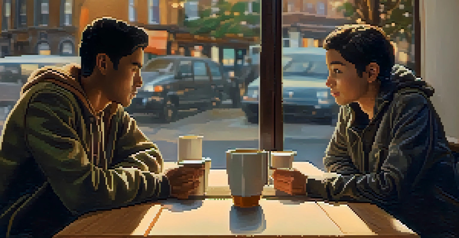 Two friends at a coffee shop engaged in a meaningful conversation, one listening intently while the other speaks, in a cozy and warmly lit environment.