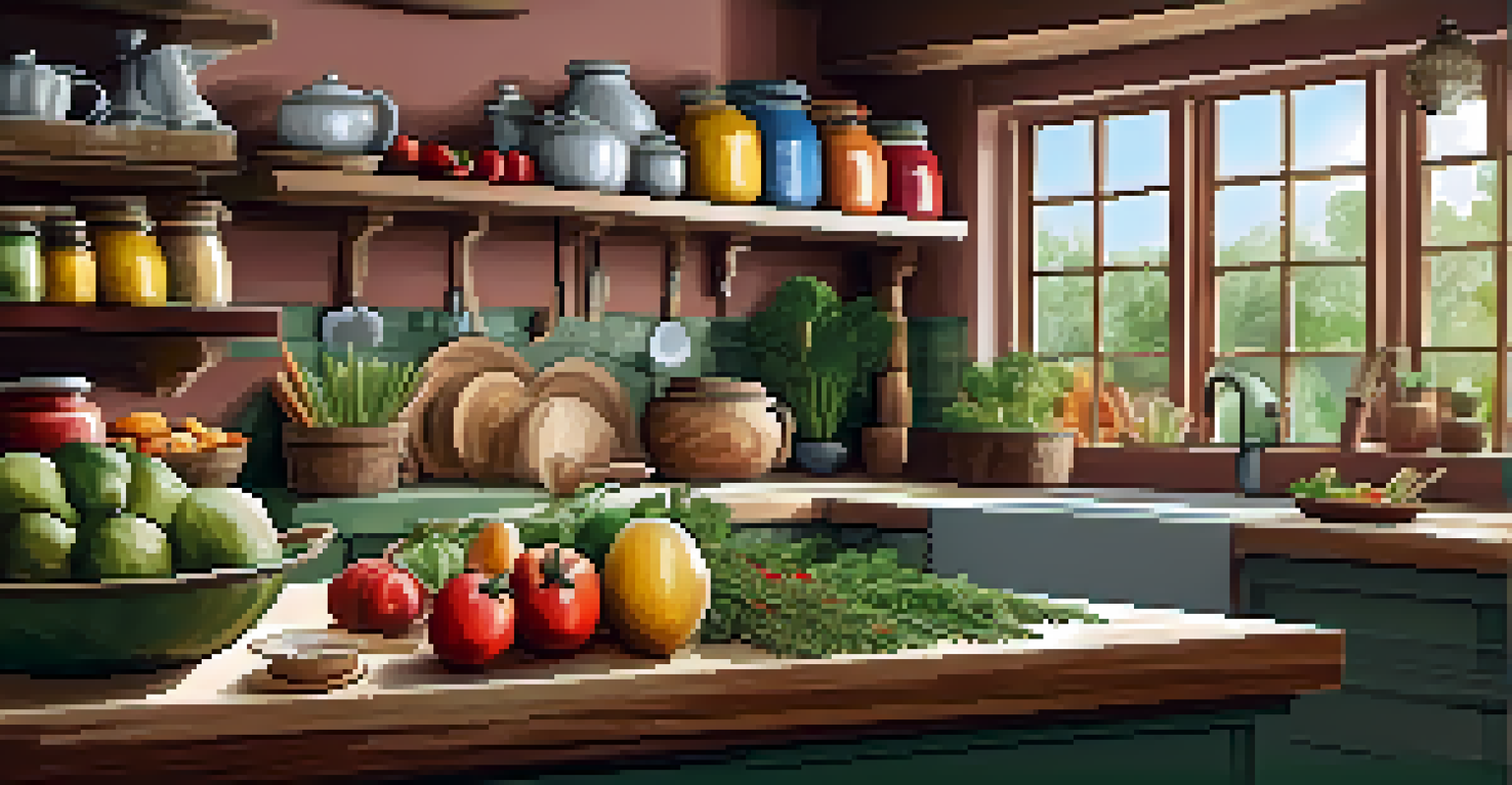 An Ayurvedic kitchen with fresh fruits and vegetables on a wooden countertop, colorful spices in glass jars, and natural light.