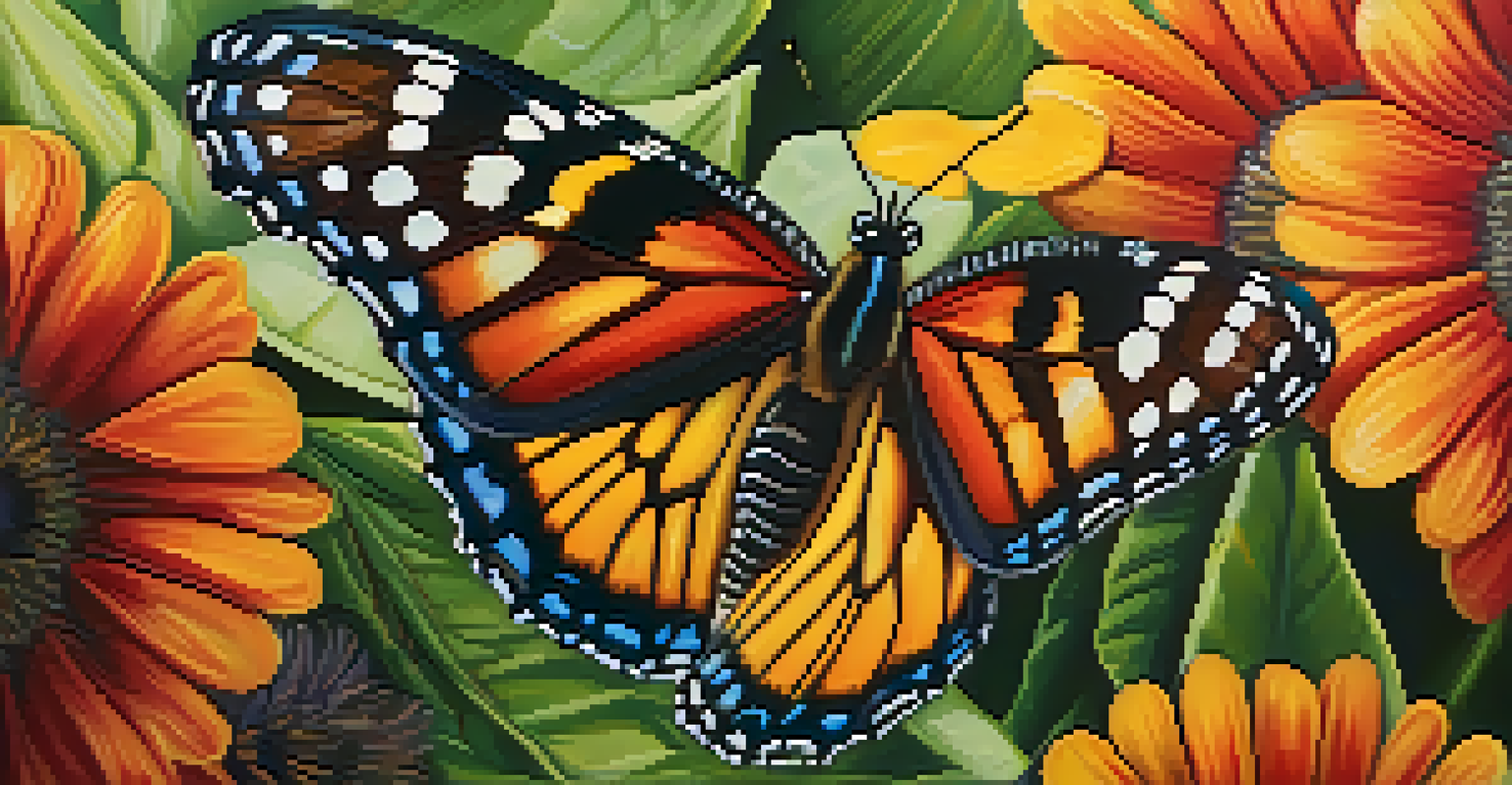 A close-up of a colorful butterfly on a flower, with detailed wing patterns and a softly blurred background.