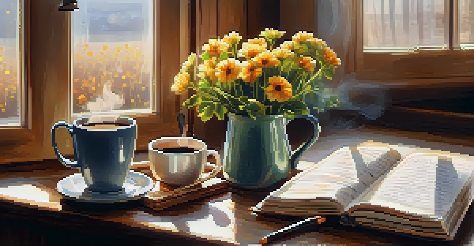 A morning coffee ritual with a cup of coffee, an open journal, and fresh flowers on a wooden table.