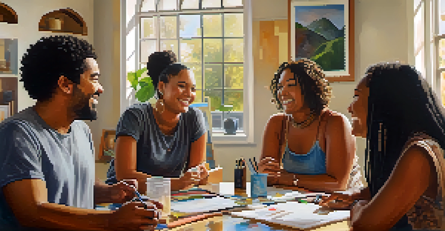A diverse group of people sharing their creative works in a warm, inviting room filled with natural light.