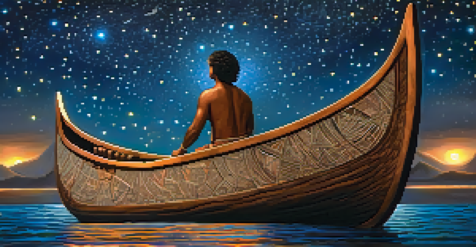A Polynesian navigator on a canoe, looking at the starry night sky, with the ocean reflecting the stars, highlighting the connection between navigation and spirituality.