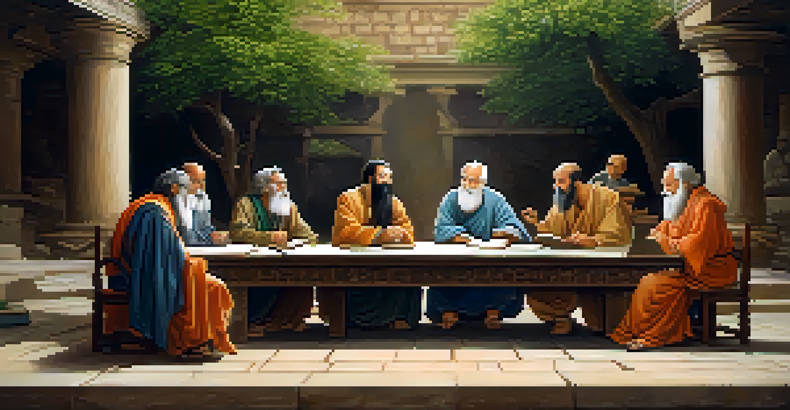 Ancient philosophers seated around a table in a courtyard, discussing ideas with scrolls and books around them.