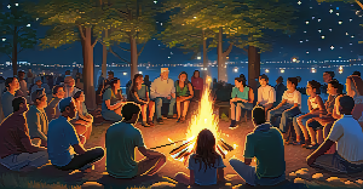 A lively community gathering around a bonfire at night, showcasing joy and connection among participants.
