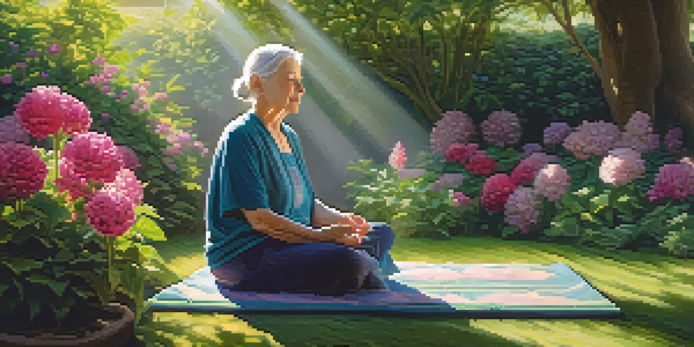 An elderly woman meditating in a bright garden filled with flowers under sunlight.
