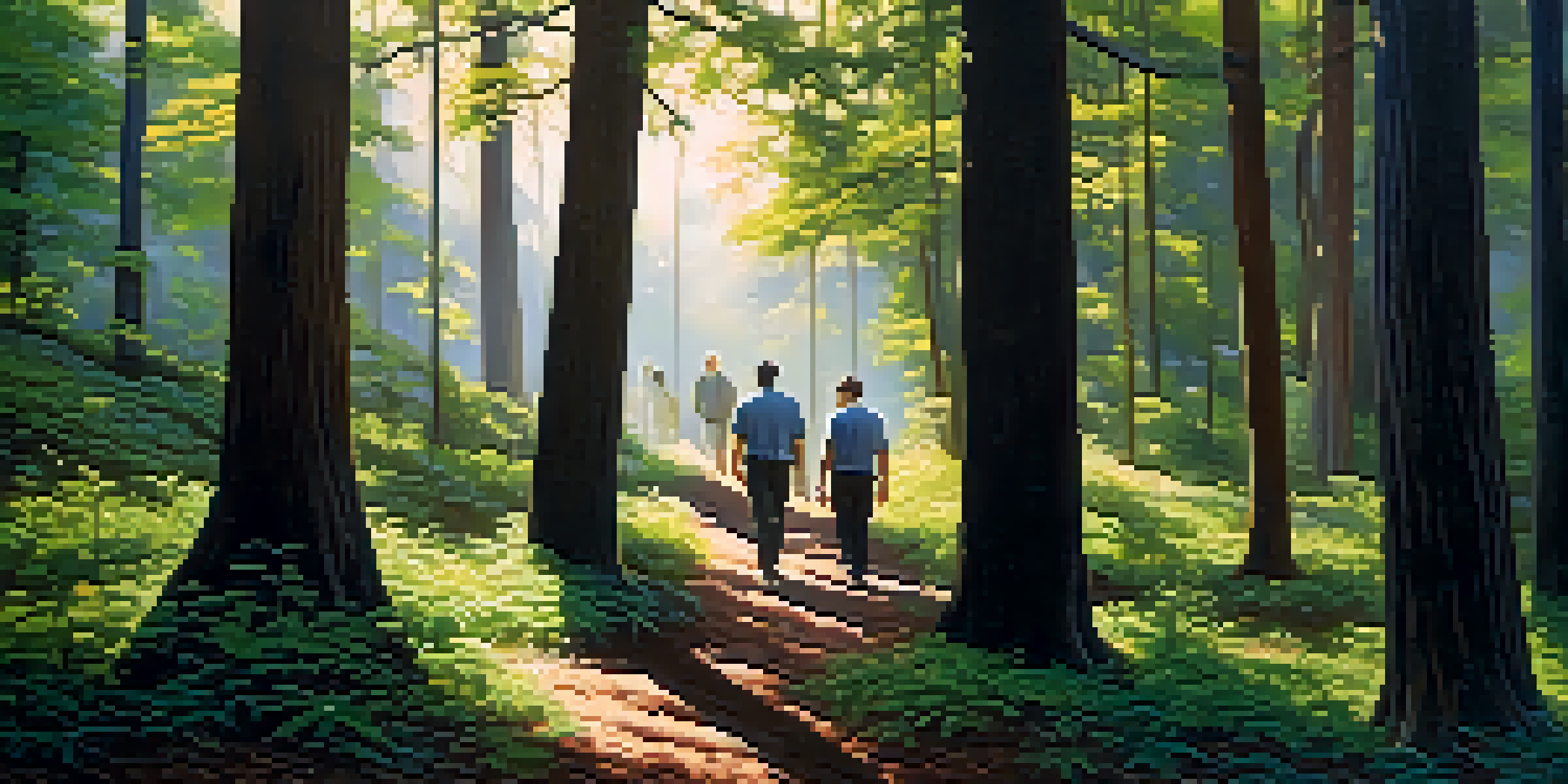 A group of men walking in a forest, having a deep conversation with sunlight filtering through the trees.