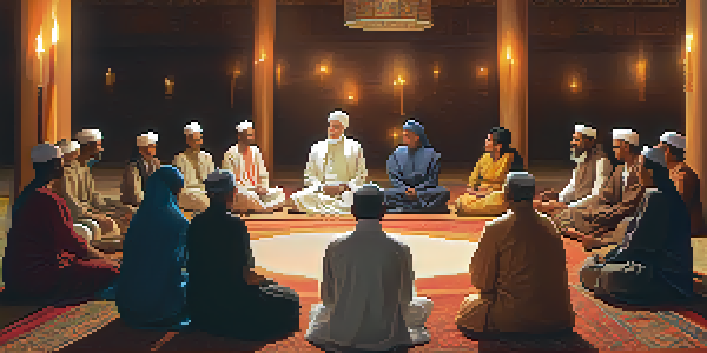 A diverse group of individuals engaged in an interfaith dialogue, sitting in a circle in a warmly lit room, with a welcoming atmosphere.