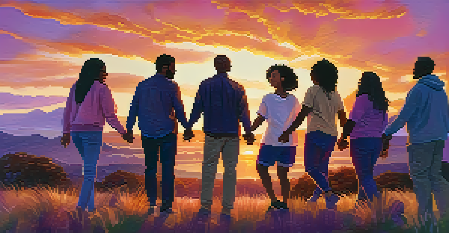 A diverse group of activists holding hands in a circle during a vibrant sunset, symbolizing unity and hope.