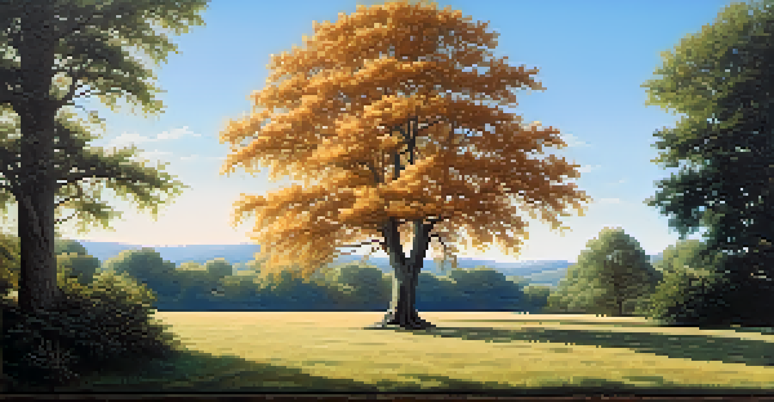 A single tall tree under a clear blue sky, representing monotheism, with sunlight filtering through its leaves.