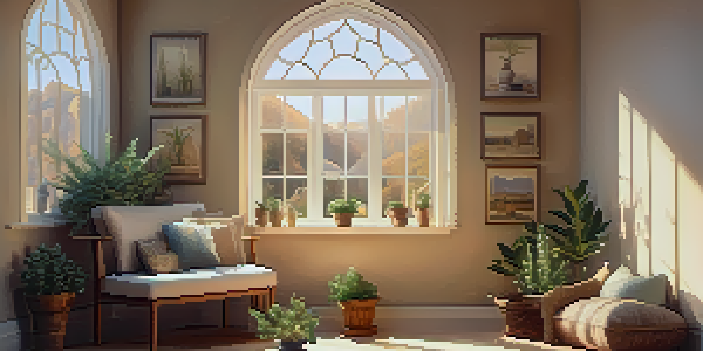 A calming indoor corner with an altar, candles, crystals, and a potted plant, illuminated by soft sunlight.