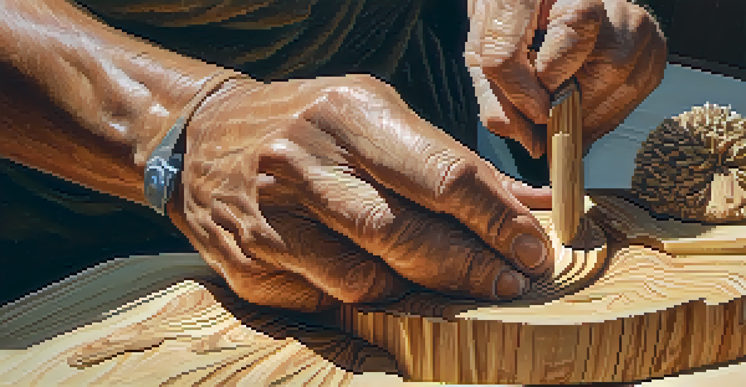 A close-up view of a sculptor's hands carving a wooden spiritual figure, with tools and wood shavings in a well-lit workspace.