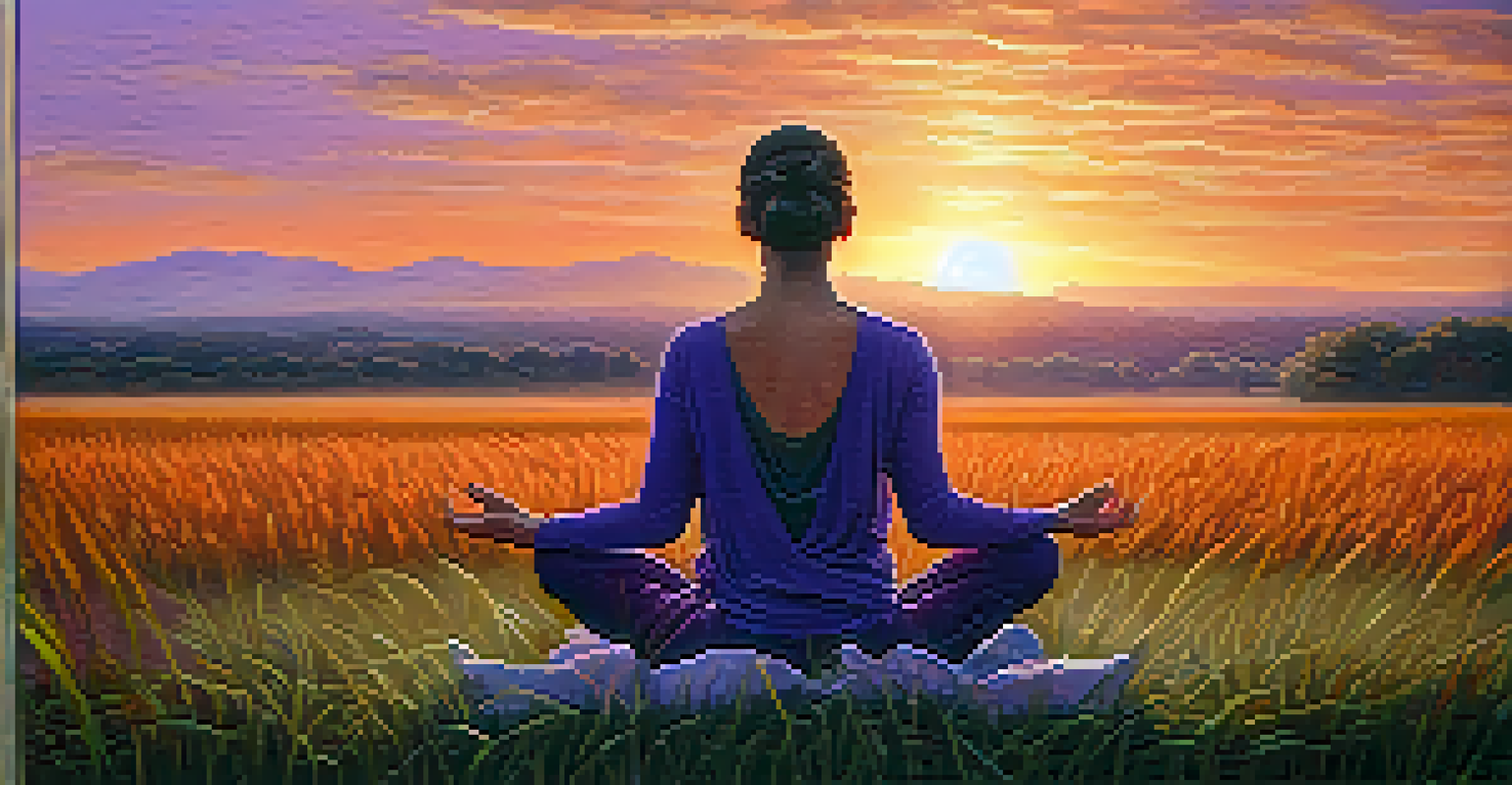 Close-up of hands in a meditative gesture during sunset in a grassy field.
