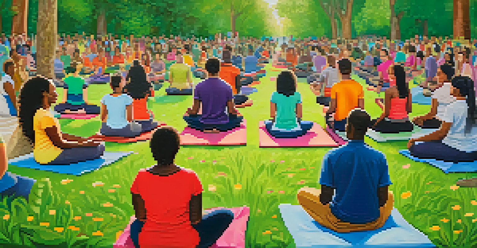A diverse group of people practicing yoga and meditation in a green park, embodying community and spiritual connection.