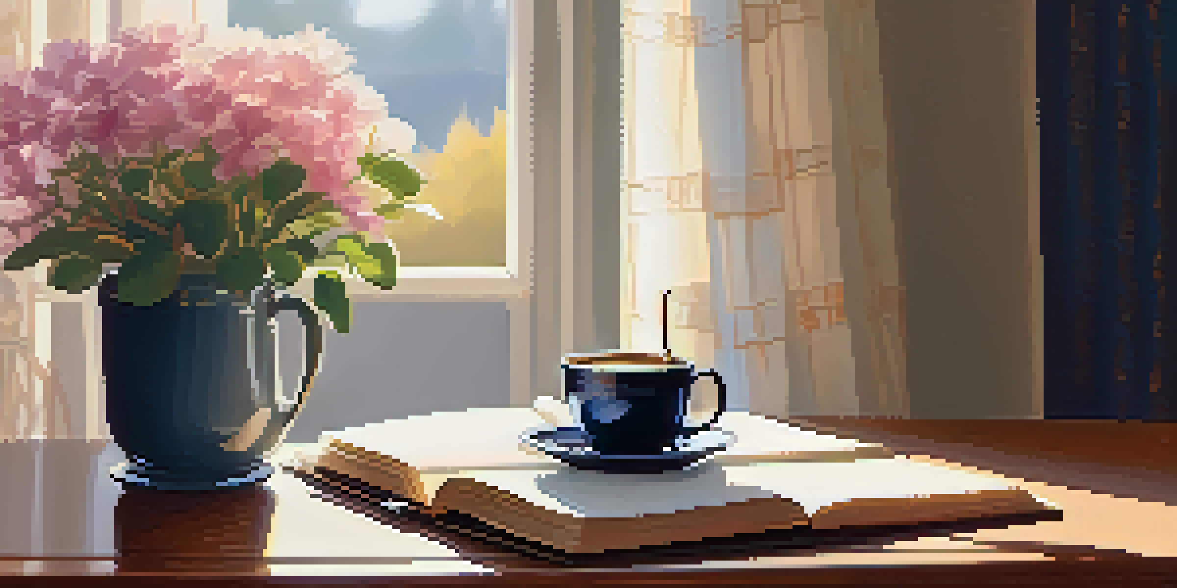 A cozy desk with a gratitude journal, coffee cup, and plant, illuminated by morning sunlight.
