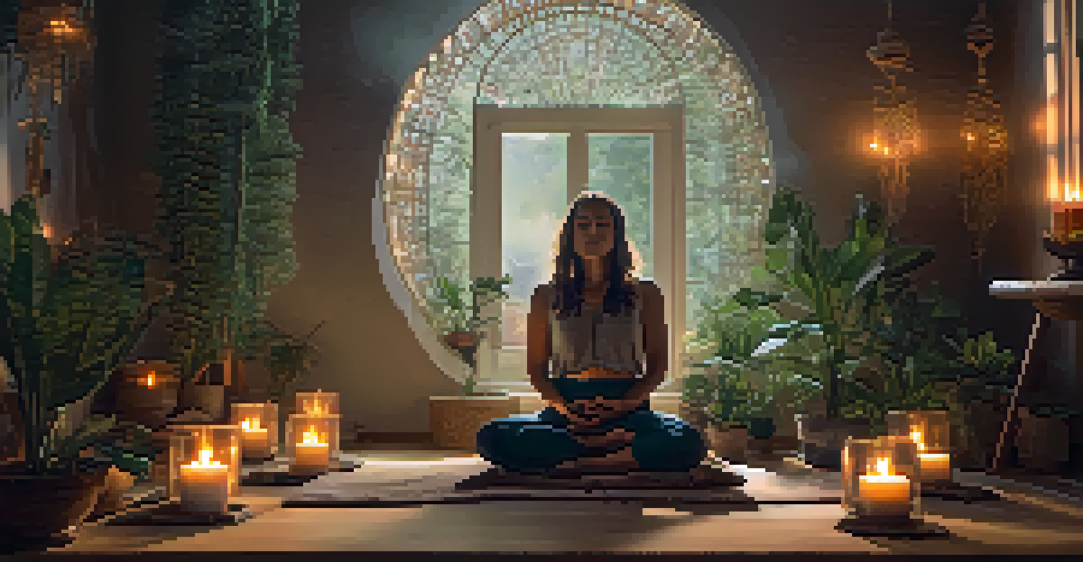 A person meditating in a calm room with candles and plants, beneath a dream catcher symbolizing spirituality.