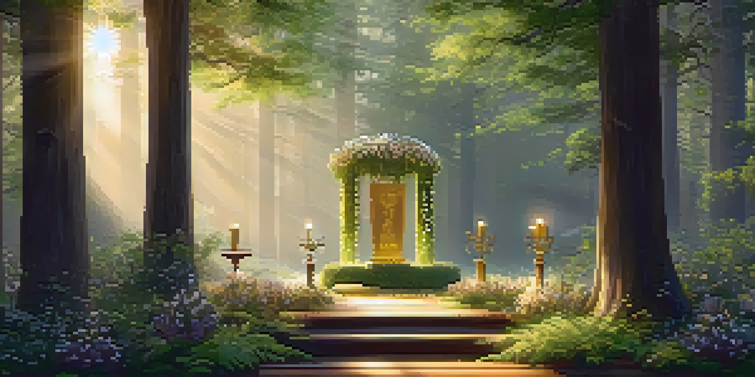 A tranquil forest at dawn with sunlight filtering through the trees and a wooden altar adorned with candles and flowers in the foreground.