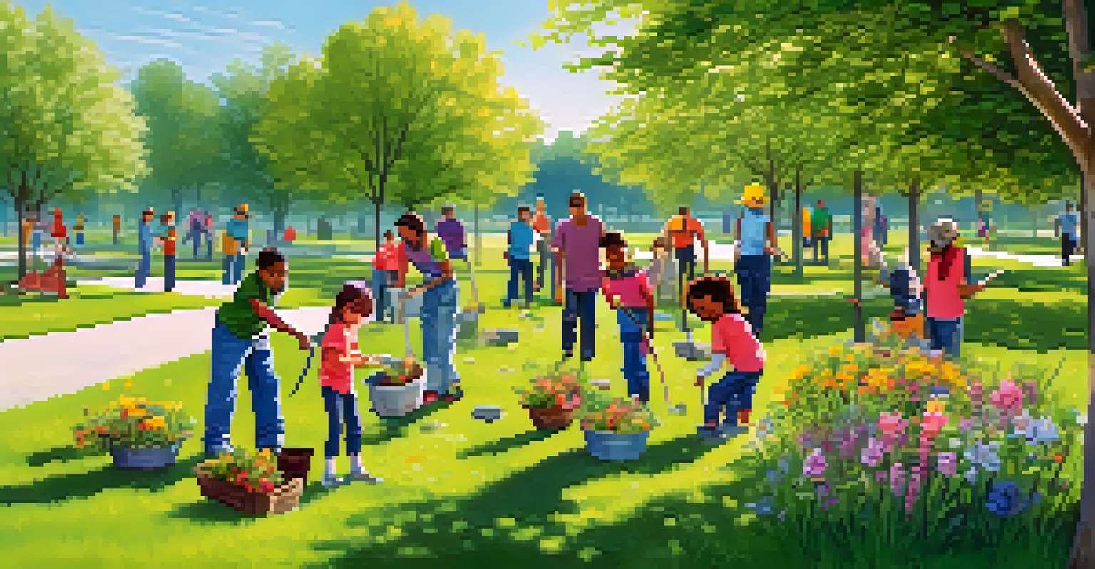 A diverse group of volunteers planting trees and flowers in a sunny park, smiling and working together.