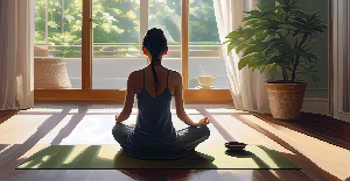 A person meditating in a sunlit room with a cup of tea and plants in the background.