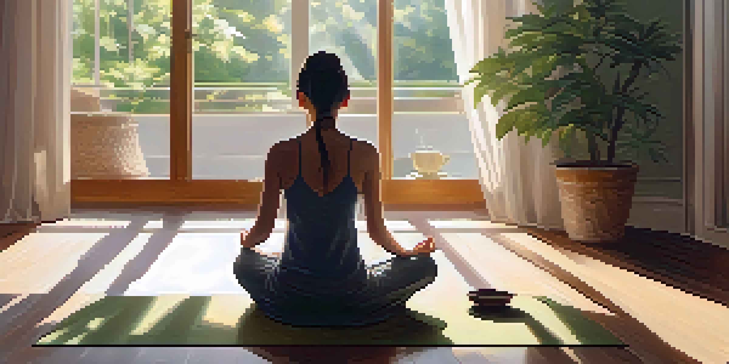 A person meditating in a sunlit room with a cup of tea and plants in the background.