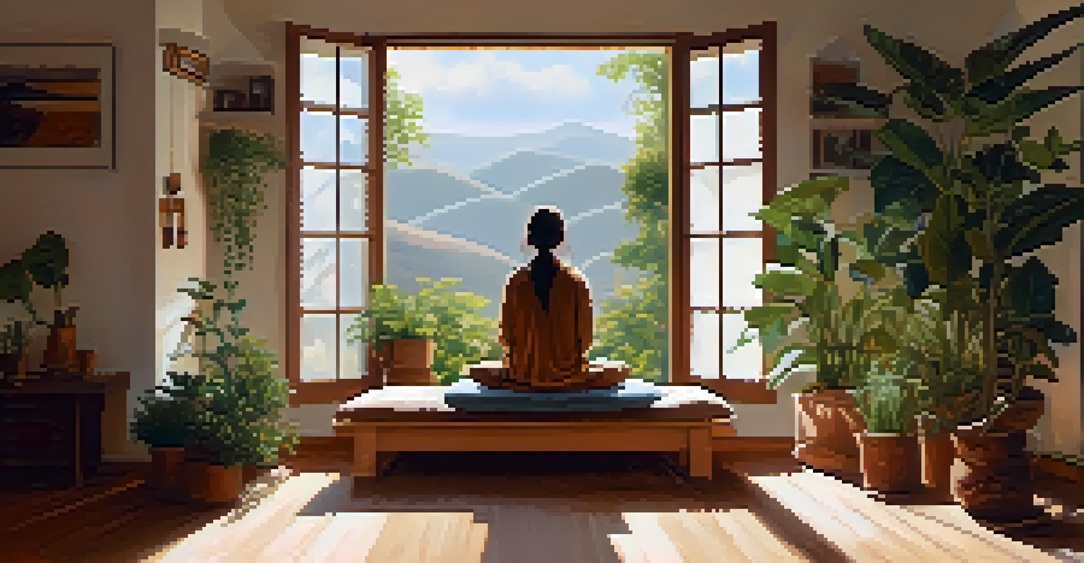 A person meditating in a cozy room with plants and natural light.