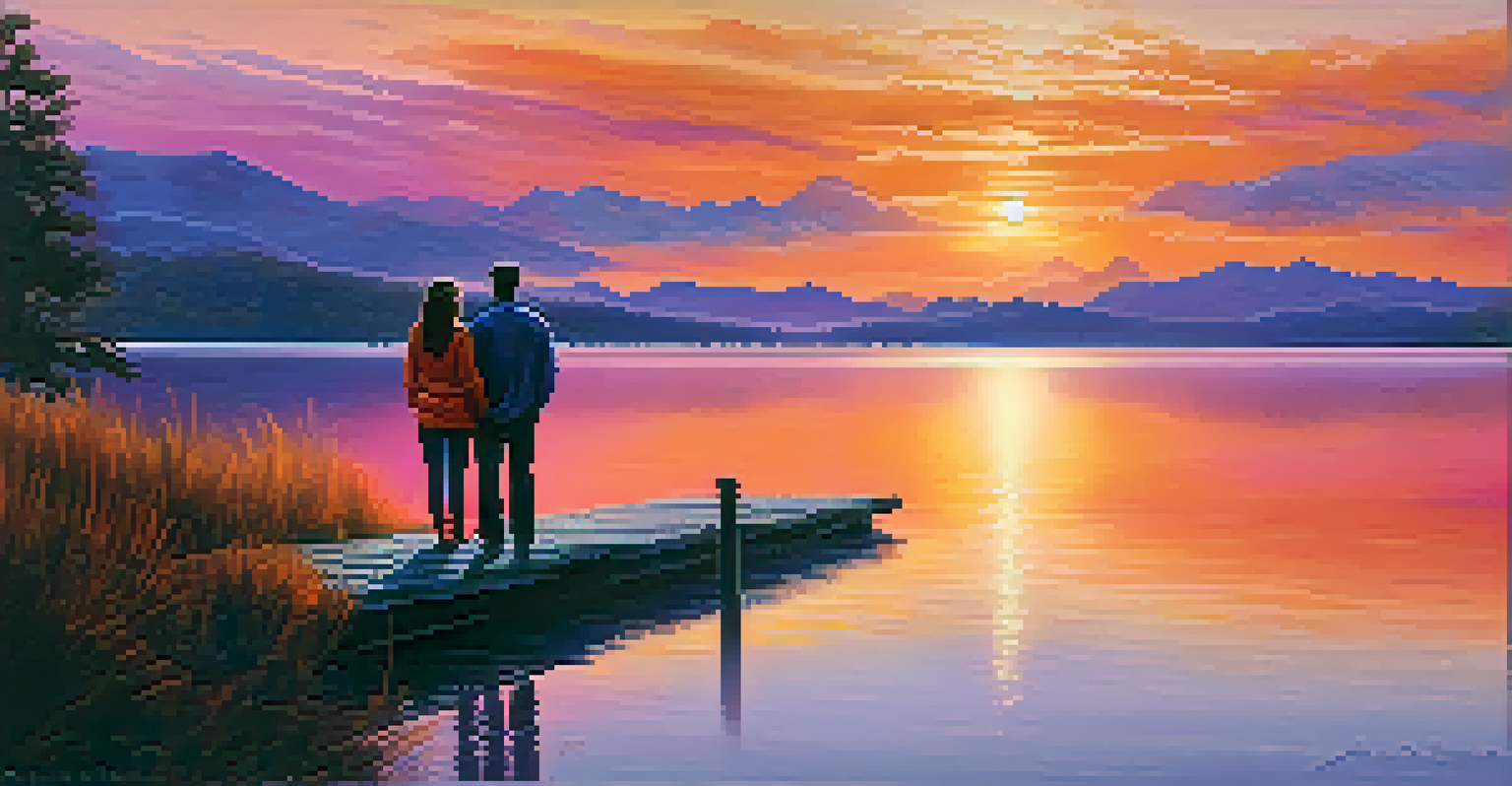 A couple holding hands at the edge of a lake during sunset, looking out over the colorful water, embodying tranquility and connection.
