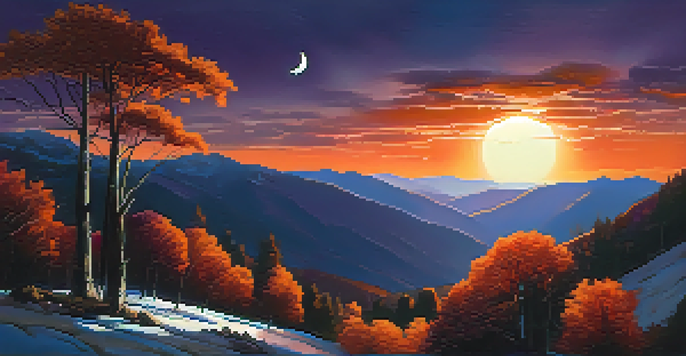 A solar eclipse over a mountain landscape, with the sun partially covered by the moon and colorful skies.