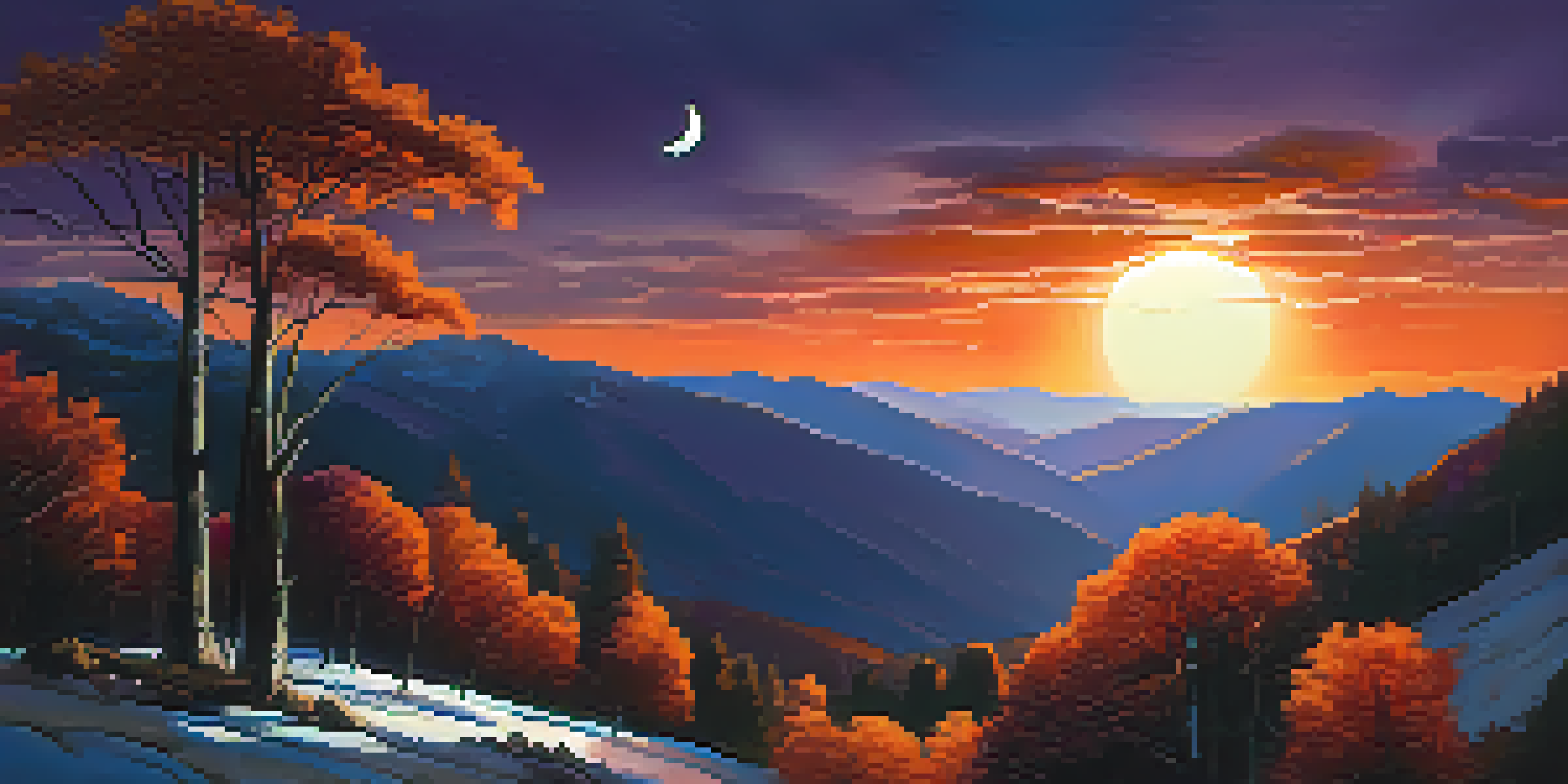 A solar eclipse over a mountain landscape, with the sun partially covered by the moon and colorful skies.